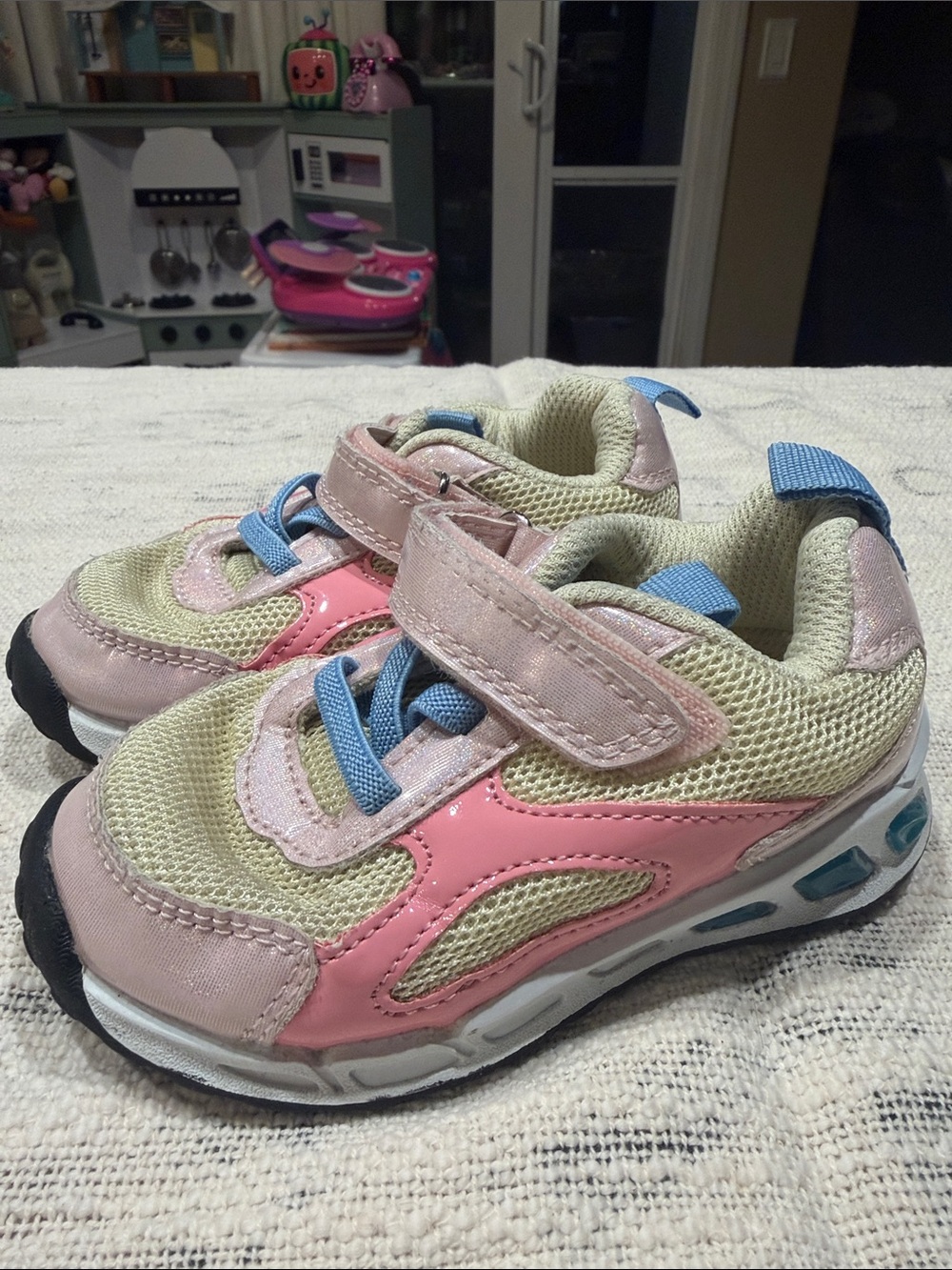 Light up Kids Pink and Light Green Athletic Sneakers with Blue Accents
